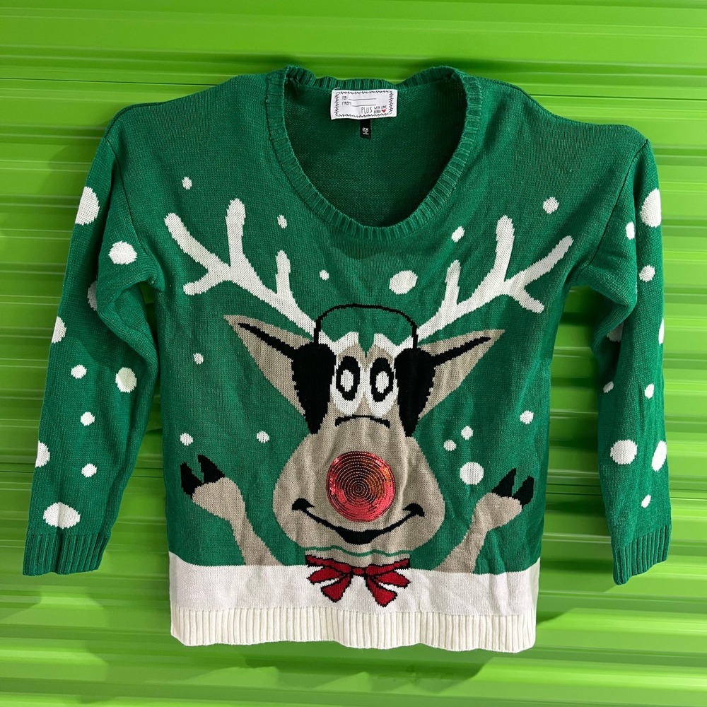 Plus With Love Derek Green Reindeer Ugly Christmas Sweater Sequin Nose 2X